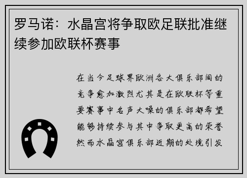 罗马诺：水晶宫将争取欧足联批准继续参加欧联杯赛事